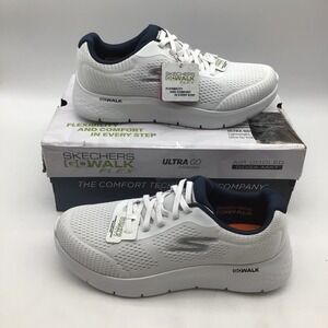 Skechers Go Walk Flex Remark Mens Size 9 Extra Wide White Navy Walking Shoes NEW